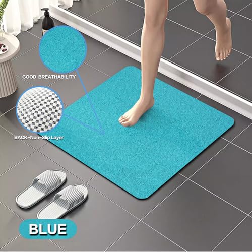 Square Non-Slip Shower Mat 24x24 Inches, Quick-Draining Bath Mat for Shower Floor, PVC Loofah Textured Shower Stall Mat, Secure Anti-Slip Bathroom Mat, Boho Style Bath Mat (Blue) - color: Blue