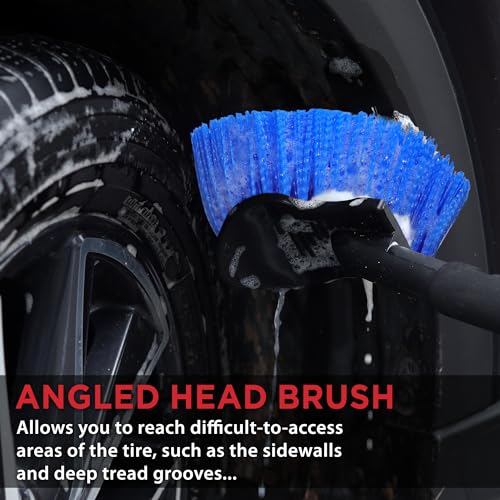 TAKAVU 17.5in Tire Brush, Stiff Bristle Long Handle, Heavy Duty (Blue) | Scrubs Sidewalls, Brake Dust & Wheel Wells on Cars, Trucks, RVs & Mats - color: Blue