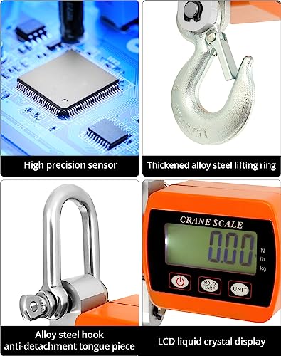 QWORK Heavy-Duty Digital Crane Scale - 2200lb/1000kg Capacity, Dual Unit Conversion, Accurate & Portable Industrial Hanging Scale for Farming, Hunting, Warehouse Use, Cast Aluminum, Orange