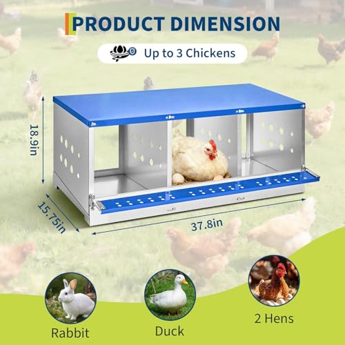 37.8" Metal Chicken Nesting Box, 3-Compartment Poultry Nest Box with Perch and Ventilation Holes, Blue Roof Hen Laying Box for Up to 3 Chickens - color: Blue A, size: 37.8"L x 15.8"W x 18.9"H