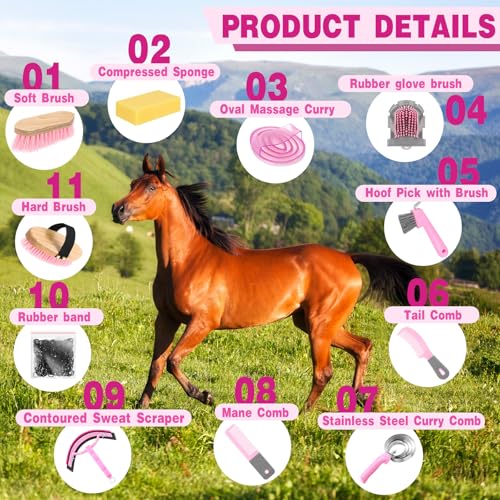 Abbylike 12 Pieces Horse Grooming Kit Racing Festival Tack Room Supplies Horse Brush Sets Equine Care Cleaning Kit Shedding Grooming Massaging Tools(Pink and Grey) - color: Gray