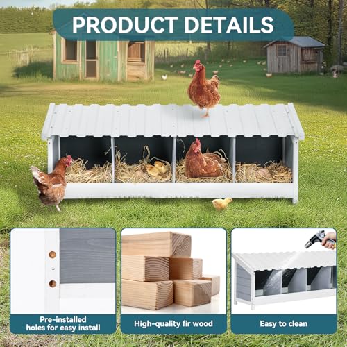 PETSFIT 4 Holes Chicken Nesting Box, PVC Waterproof Roof, Privacy Cover | Wall Mounted or Floor Use, Natural Fir Wood, Easy to Assemble and Clean, For Backyard Coops and Farms, Fits Standard Hens - size: 4 Holes