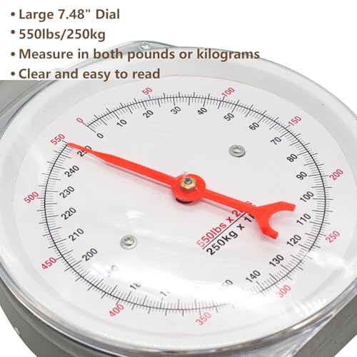 Hanging Spring Dial Scale, Fish Scales Digital Weight, 550lbs/250kg Capacity, Big Game Scale, Mechanical Kitchen Weighing Large Food Scale with 2 S-Hooks for Fishing Hunting Luggage - size: 550 lbs