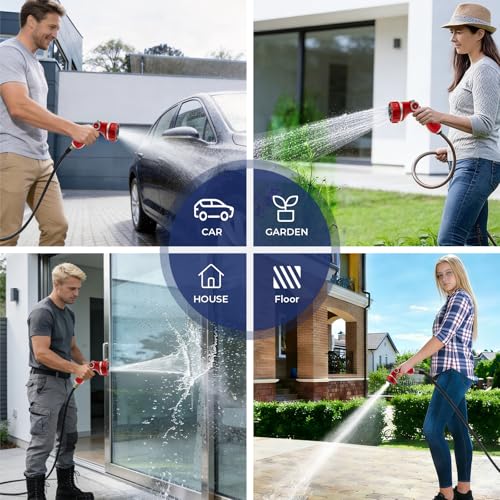HugeDawn Garden Hose Nozzle with 7 Spray Patterns, Heavy Duty Metal Sprayer 30% Greater Water Flow for Watering, Car Wash, Outdoor Cleaning (Red) - color: Red