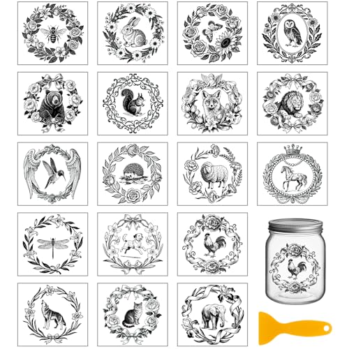 GLOBLELAND 18 Sheets Animals Flower Wreath Transfer Stickers 3.9x3.6inch | Insect Silhouette, Rub on Transfer Decal, UV DTF Cup Wraps, For Furniture Vase Glass Mason Jar Art Crafts - style: Wreath Animals
