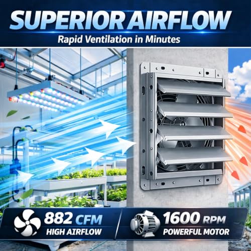 Hon&Guan 14 Inch Shutter Exhaust Fan with Stepless Speed Controller, 882 CFM High Airflow, 1600 RPM Wall Vent Fan, Automatic Gravity Shutters, Easy Install for Garage, Shed & Greenhouse, Gunmetal Gray - color: Gray, size: 14 Inch