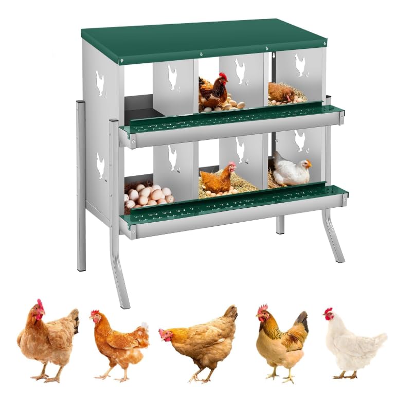 Chicken Nesting Boxes, 6 Compartment Metal Stainless Steel Chicken Laying Boxes with Legs, Removable Roll-Away Trays & 2-in-1 Perch, Easy to Clean and Install, for Outdoor Chicken Coop, Green - color: Dark green, size: 6 Room&Mat eggs