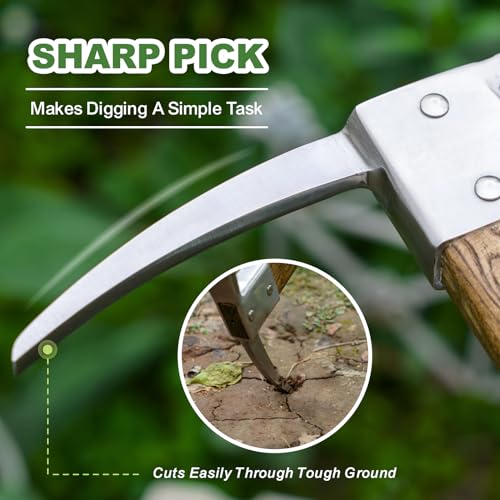 Haliaeetus Pick Axe, Stainless Steel Mattock, Garden Pick with Wood Handle | with Sharp Pick and Cutting Edge for Breaking up Heavy Clay Soil, and Removal of Difficult Weeds, for Digging, Loosening Soil