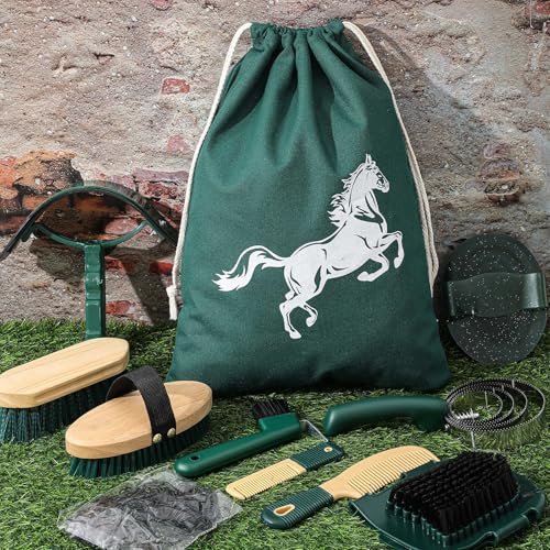 Abbylike 12 Pieces Horse Grooming Kit Racing Festival Tack Room Supplies Horse Brush Sets Equine Care Cleaning Kit Shedding Grooming Massaging Tools (Khaki and Green) - color: Khaki and Green