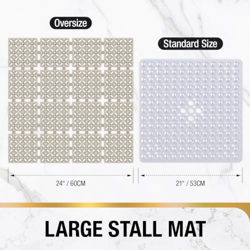 HITSLAM Shower Mat Anti Slip, 24x24 Inch Cut to Fit No Odor Soft TPE Shower Stall Mat, Square Bath Mat with Suction Cups and Drain Holes, Soft on Feet, Khaki - color: Khaki