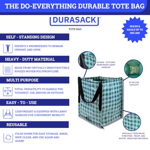 DURASACK Heavy Duty Storage Tote Bag 22-Gallon, Gingham Green, Pack of 4 | Moving Bag Utility Tote for Laundry, Moving & Home Storage, Reusable Self-Standing Design, Holds up to 500 Pounds - color: Gingham Green, size: Pack of 4