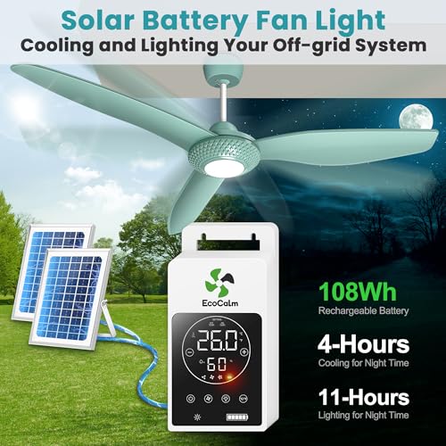 Solar Ceiling Fan Light 52" for Outside with Battery and Thermostat | Solar Powered Gazebo Fan, 2PCS 30W Bifacial Panels, Humidity Display, for Patios, Porch, Greenhouse, Adjustable Temp Control