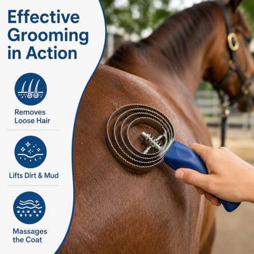 2-Pack Reversible Curry Combs for Horses and Pets, Stainless Steel | Four-ring stainless steel and rubber grooming combs feature reversible edges and soft-grip handles for farm animals and pets.