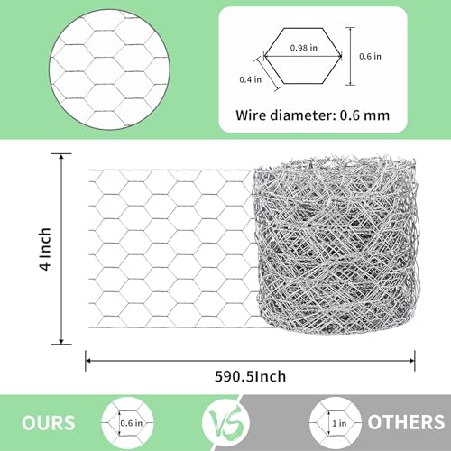 Chicken Wire 4 in x 590.5 in Poultry Wire Netting Hexagonal Galvanized Mesh Garden Fence Barrier for Pet Rabbit Chicken Fencing with 100 Pcs Cable Zip Ties - color: Silver, size: 4"x590.5"+100Ties