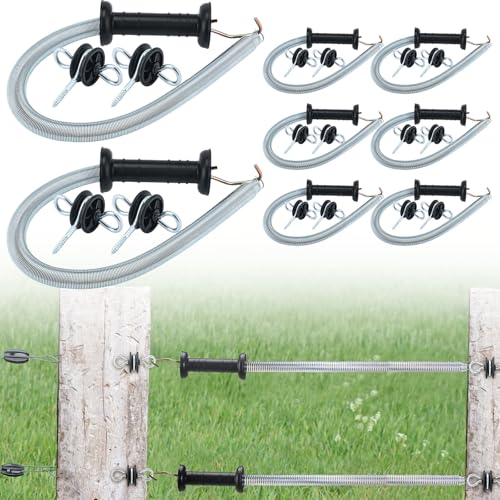 Hicarer 4 Set Electric Fence Gate Kit with Spring Handles & Screw-in Ring Insulators, 16ft Retractable Tension Spring for Farm, Ranch, Garden, Heavy Duty Black Electric Fencing Accessories for Safety