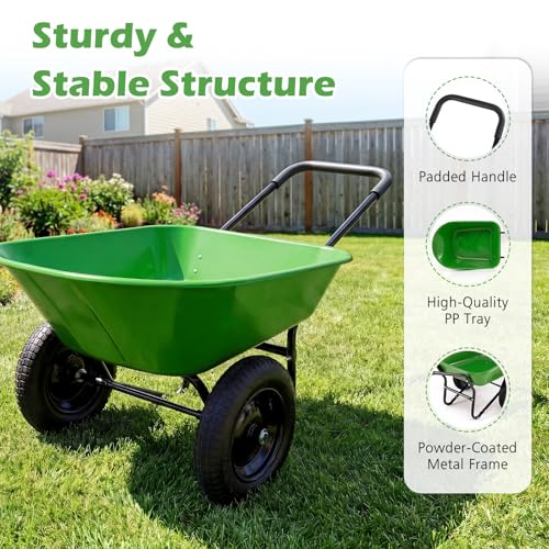 IRONMAX Dual-Wheel Wheelbarrow with All-Terrain Wheels, 220LBS, Light Green | Heavy Duty Wheel Barrow Gardening Cart, Yard Cart with Built-In Stand for Lawn, Farm & Planting - color: Light Green