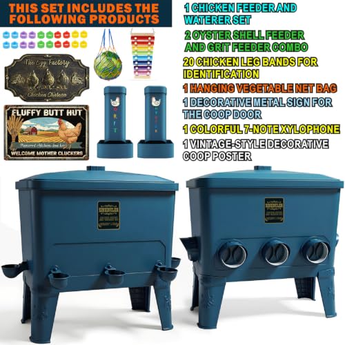 ZINZINULER Large Automatic Port Chicken Feeder and Cup Waterer Set - Chicken Coop Accessories, No Waste Poultry Feeder, 9 Gallon/50 Pounds (Cyan)