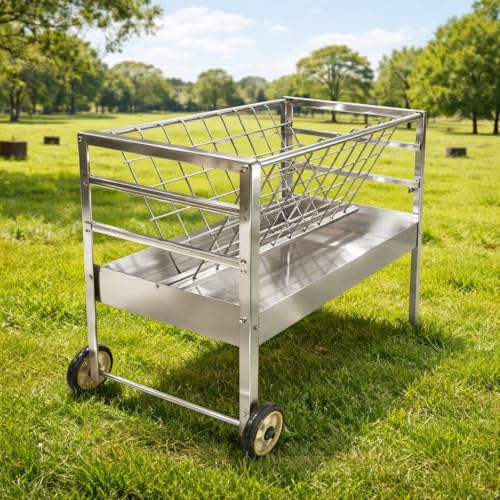 Goat Hay Feeder with Wheels, 2-in-1 Galvanized Steel Heavy-Duty Livestock Feeder Cart, Large Capacity Rust-Proof Goat Feeder for Sheep, Horses, Easy to Clean & Move