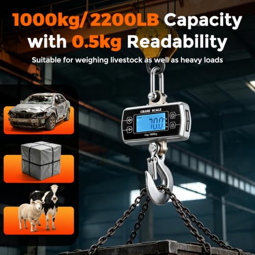 Crane Scale 2200lb, OIML Class III CE Certified Hanging Scale | Switchable kg/lb/N Units, Sturdy Build, Stainless Steel Shackle & Alloy Steel Hook, Adjustable Backlight & Auto Off Timer - size: 1000 kg/2200 lb, Touch Key