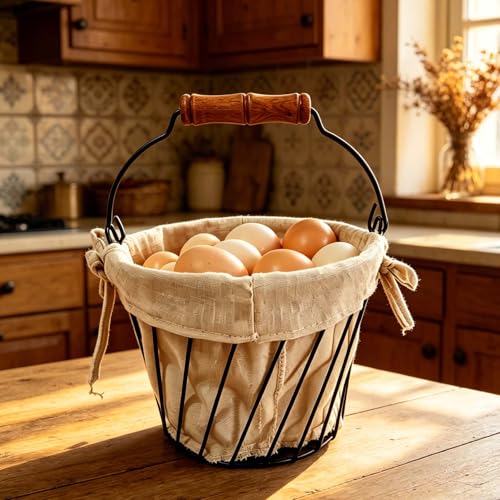 Wire Egg Basket for Gethering Fresh Egg,Egg Collection Basket | removable Colth liner Farmhouse Egg Basket for Gathering Fresh Eggs for Kitchen Countertop, Reusable & Durable