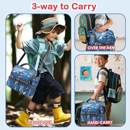 FlowFly Kids Double Decker Cooler Insulated Lunch Bag Large Tote for Boys, Girls, Men, Women, With Adjustable Strap, Shark - color: Shark