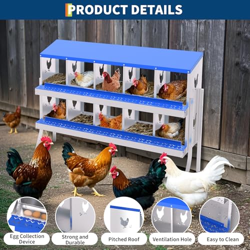 Garvee Chicken Nesting Box, 10 Compartment Nesting Boxes for Chickens, Easy to Clean and Install, Chicken Laying Boxes for Chicken Coop to Protect Eggs - with Bracket Legs, Blue - color: blue, size: 46.1"L x 17.3"W x 8.5"H