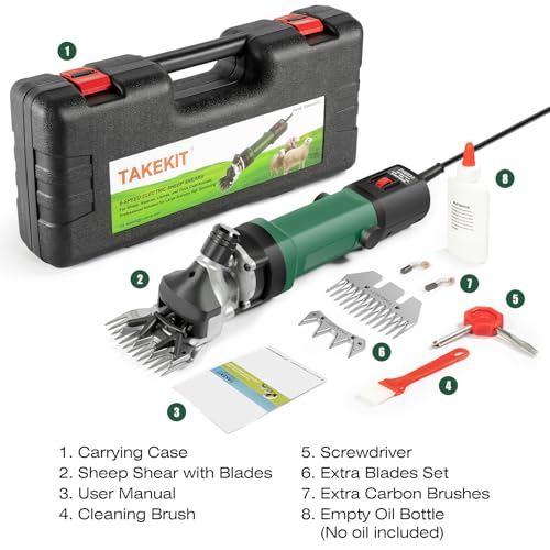 TAKEKIT Sheep Shears, 600W Professional Heavy Duty Sheep Clippers, 6 Speeds Electric Animal Shears for Alpacas Llamas Lambs and Large Livestock with Thick Coats, One Set of Extra Blades Included - color: Dark Green
