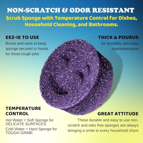 The Original Scrub Moji Scrubbing Sponge by Smilyeez (Set of 6) - Purple - Temperature-Responsive Polymer Foam, Stain and Odor Resistant, Ideal for Kitchen and Bathroom Cleaning - color: Purple 6-pack