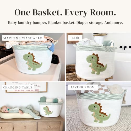 Dinosaur Baby Storage Basket, Woven Cotton Rope Nursery Bin, 15x11 in | Stuffed Animal and Blanket Storage, Soft Felt Dinosaur Patch, Baby Nursery Decor, Baby Shower, Kids Playroom Organizer - color: Dinosaur
