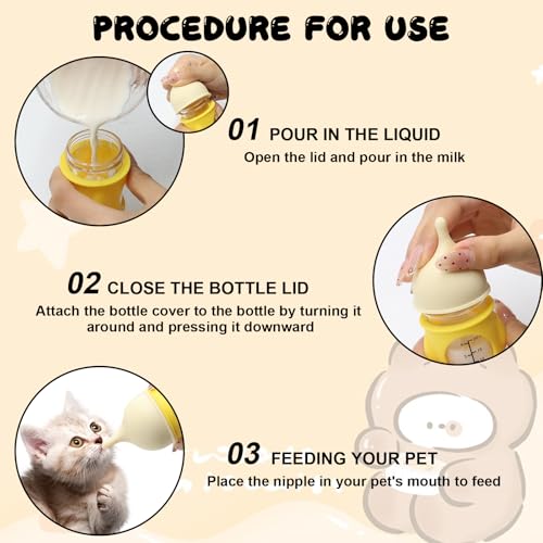 Pet Feeder Bottle Kitten Bottle Anti Choking Design(Yellow,20 ml) | Animal Feeding Bottles Kitten Bottles for Nursing for Newborn Kittens Puppies Small Animals with 2 Pcs Replacement Nipple - color: Yellow