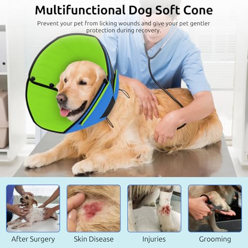 Dog Cones for Large Dogs, Soft Dog Cone Large for Wound Care | Cone for Dogs After Surgery, Adjustable Elizabethan Collar for Pet to Prevent Licking Wounds, Soft Fabric Cones Blue&Green L - color: Blue&Green, size: L