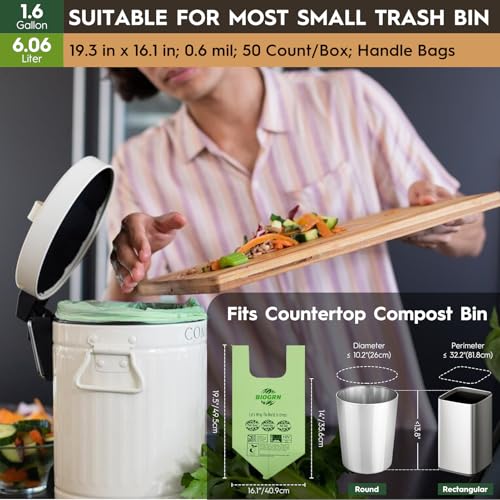 Compostable Trash Bags 1.2-1.6 Gallon Handle Tie 50 Count 0.6 Mil 6.06 Liter Small Compost Bags for Countertop Bin Biodegradable Bags Green for Kitchen ASTM D6400 & BPI Certified, OK Compost Home - color: 1.6 Gallon Handle Tie, 50 Count