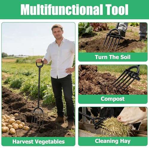 LLARGUEST Pitch Fork, 69" Heavy Duty Metal Garden Fork for Loosening Soil Broadfork with Ergonomic D-Grip Handle, 5-Tine Digging Fork Hay Fork for Compost,Mulching,Manure.