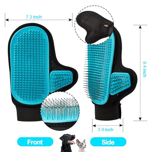 2025 Pet Grooming Glove with Tipped Pin Brush,Special Design Deshedding Glove, Perfect Petting Tool for Sensitive Dogs & Cats with Long & Medium Fur, Massage Mitt - Right-Hand - Blue