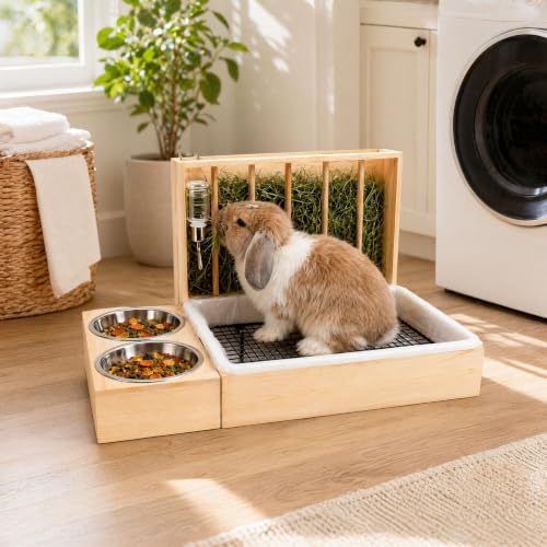 3 in 1 Rabbit Hay Feeder with Litter Box and 2 Bowls, Solid Wood Bunny Feeder with Adjustable Mental Hay Rack, Water Feeder, Cleaning Kit for Rabbits, Guinea Pigs, Chinchillas, Hamsters