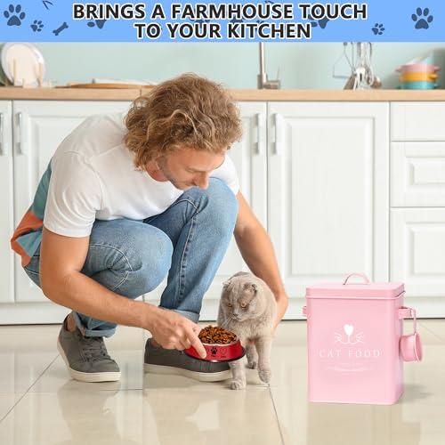 Meraki Home Farmhouse Cat Food and Treats Containers + Feed Scoop + Pet Food Bowl - Tight Lids - Large Metal Storage Bin - Great Gift for Cute Pets (Matte Pink) - color: Pink