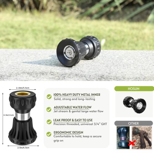 HOSUN Fire Hose Nozzle for Garden Hose, Heavy Duty Fireman Style Garden Hose Nozzles, Leak Proof & Adjustable Water Nozzle High Pressure, Best for Watering Plant & Lawn, Washing Car & Pet (Black) - color: Black