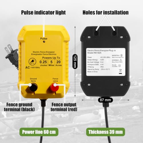 Electric Fence Kit, 0.25j Charger 656ft Wire 60 Insulators | 5 Mile 110V Plug in Electric Fence, Polywire for Livestock Horse Cattle Poultry, T Post Screw Insulators, Farm Pasture - size: 656FT, style: 0.25J