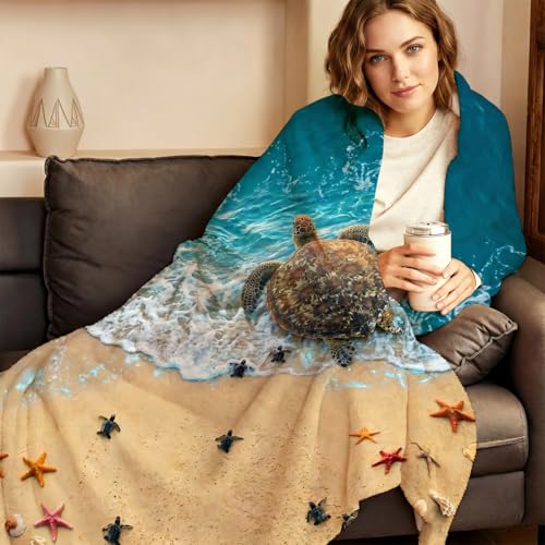 Beach Sea Turtle Family Throw Blanket, Flannel Fleece 50" x 60" | Yujiiso Beach Sea Turtle Family Blanket Lightweight Decor for Living Room, Bedroom, Office and Travel, Home Decor Gift - color: Beach Sea Turtle Family, size: 50"x60"
