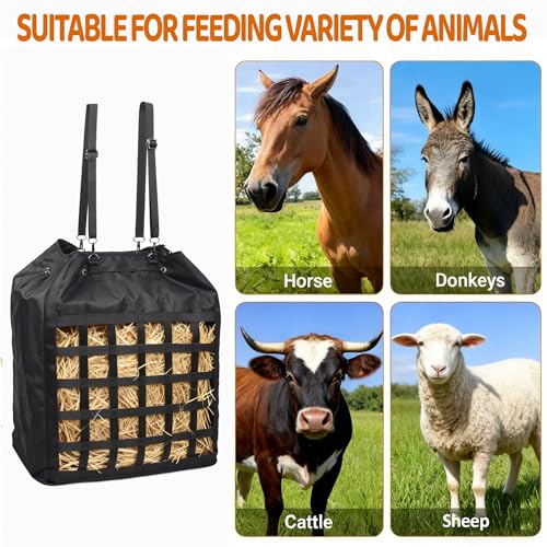 Extra-Large 25×21×9 in Slow-Slow Feed Hay Bag with Drawstring Closure & Rope-Head Pocket – Heavy-Duty Oxford Fabric Horse, Donkey & Goat Hay Feeder – Prevents Waste & Enhances Safety