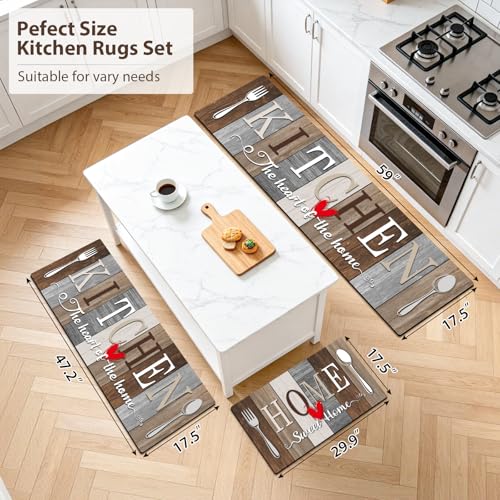 Kitchen Rugs Set 3 Piece, Non Slip Kitchen Mats for Floor, Soft Fabric with Rubber Backing, Farmhouse Anti Fatigue Runners Carpet for Home Kitchen Laundry Room Hallway (Rustic Brown & Grey) - color: Rustic Brown & Grey