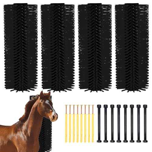 4pc Livestock Scratch Brushes, 20'' x 7.3'' Heavy Duty Cow Scratcher Wall Mount, Flexible Anti-Itch Grooming Tool for Cattle, Goat, Horse Grooming Supplies with Screws and Nuts - color: black