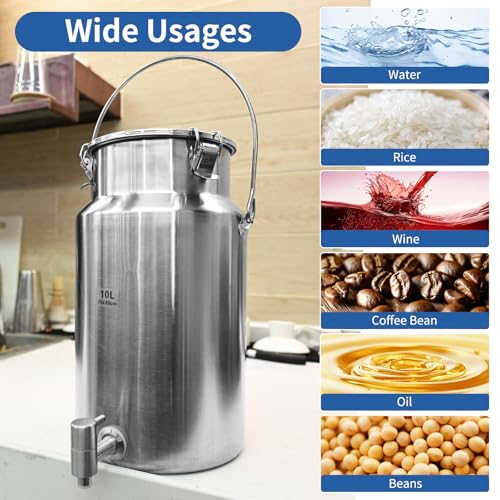2.6 Gallon Water Dispenser,304 Stainless Steel Milk Can with Spigot,10L Water Jug,Airtight Food Storage Bucket,Leak-proof Liquid Storage Container with Tight Lid and Long Swivel Handle,Oil Pail