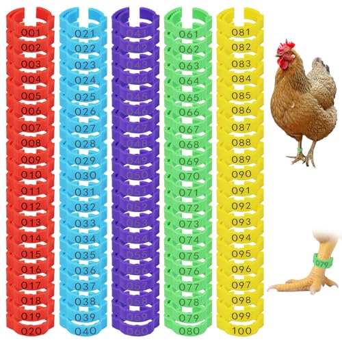 7Size-Adjustable Chicken Leg Bands, Plastic Poultry Rings with 1-100 Number for Hens Roosters Ducks Birds,Snap Lock Leg Bands for Farm Backyard Flock Tracking(100-pack,Assorted Colors)