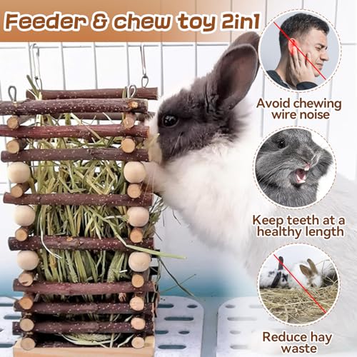 Hanging Apple Wood Rabbit Hay Feeder for Chinchilla Bunny Hamster Gerbil | Guinea Pig Grass Holder with 2 Hooks, Biting Resistant Small Animals Chew Toy, Feeding Hay Manager Shelf for Holiday Gifts