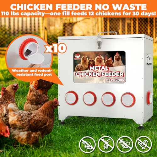 Sidasu 110 lbs Chicken Feeder No Waste-10 Port Large Chicken Feeder with Adjustable Height,Locking Lid,Rainproof-Metal Poultry Feeders for Chickens (Sliver, 23.76 * 22.78 in)