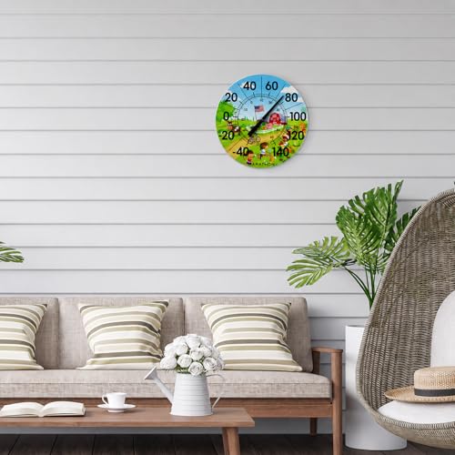 Marathon Housewares 12-Inch Indoor/Outdoor Dial Thermometer - Barn Scene | large easy-read numbers, °C/°F display, weather-resistant, mercury-free, no batteries
