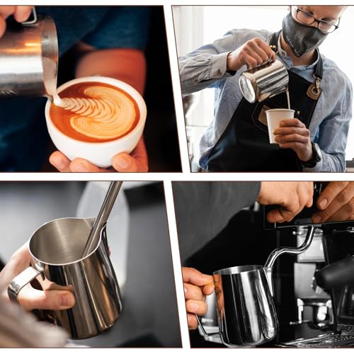 6 Pcs Milk Frothing Pitcher, Coffee Milk Frother Cup, 12oz Espresso Milks Frothing Pitcher with Measurement Marks, Stainless Steel Coffee Jug for Latte Art & Cappuccino, Silver