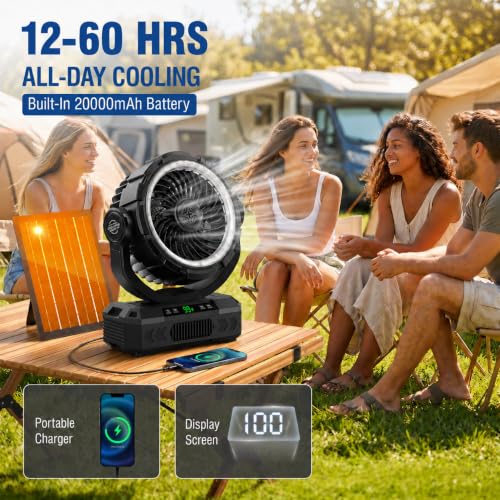 Rechargeable Solar Powered Camping Fan & Auto Oscillating, 【60H Runtime】Battery Powered Fan, Portable Outdoor Fan,5 Speeds,3 Lights,12H Timer for Travel, Fishing,Jobsite,Beach,Camping Essential - color: Black