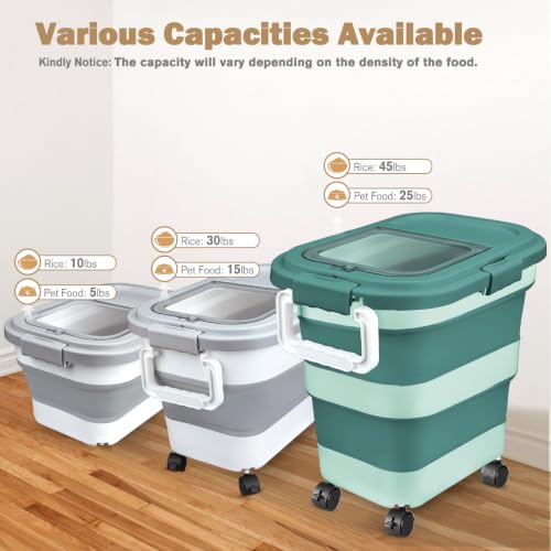 Rice Storage Container, Collapsible Airtight 10-40 Lb Rice Storage Container, 25lb Pet Dog Food Storage Container, Rice Dispenser Bin with Cup and Scoop for Flour Cereal Pasta Grain, Cat Bird - size: 15-40 Lbs